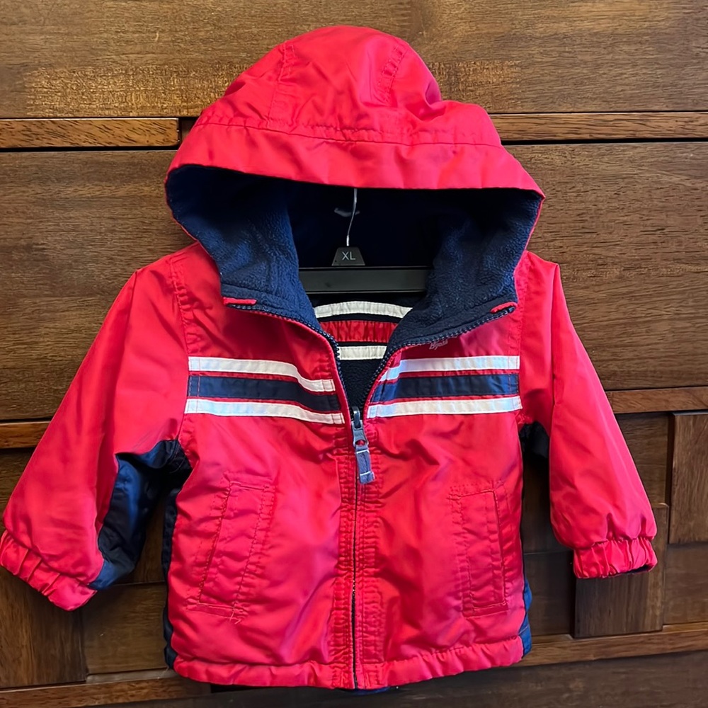 Reversible fleece windbreaker jacket OshKosh 18M red navy attached hood EUC